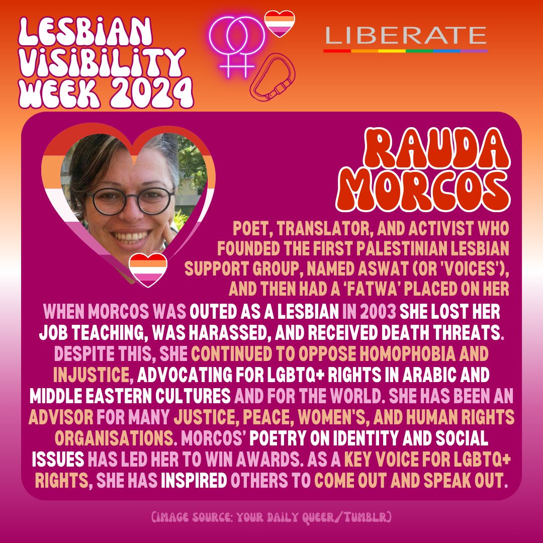 👭 For our last 'lesbian who changed the world,' we have Rauda Morcos! 🧡🤍💗

🗣 Morcos is a Palestinian poet, translator, & activist from Haifa who founded the first Palestinian lesbian support group, Aswat (or 'Voices') which is inclusive of genderqueer & intersex lesbians.