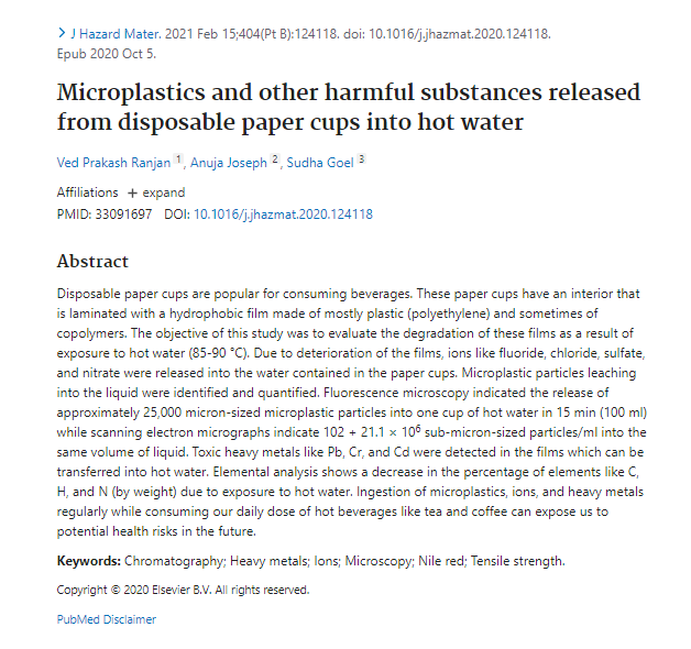 Disposable paper cups are coated in plastic to make them waterproof. When you put hot liquid in them, huge quantities of microplastics are released into the liquid, as well as harmful plasticisers and heavy metals.