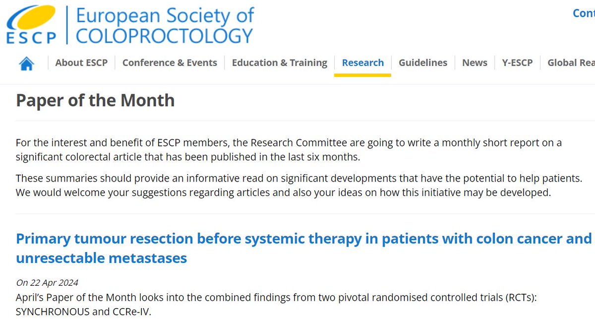 Many thanks to @escp_tweets for selecting our @JCO_ASCO #SYNCHRONOUS #CCReIV #RCTs paper on PTR in metastatic colon cancer as Paper of the Month!
👏@sbiondo60 @FlorianLordick @DignassAxel and all collaborators. Great team effort!