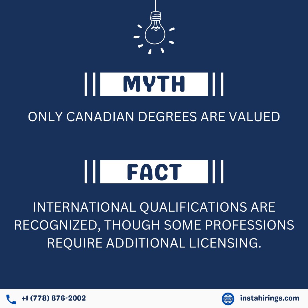 instahirings's tweet photo. Dispelling doubts, confirming truths! Myth: Only Canadian-educated need apply.
Fact: International qualifications are highly respected, and some professions might need further steps.
Ready to start your Canadian career journey? 🌐🎓
.
.
.
#globaleducation #canadajob #canada https://t.co/kNfJ27XE6h