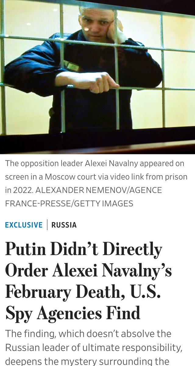 Oggi il Wall Street Journal, praticamente ripreso da nessuno, scrive che secondo i servizi segreti americani Navalny non è stato ucciso da Putin. wsj.com/world/russia/a…
