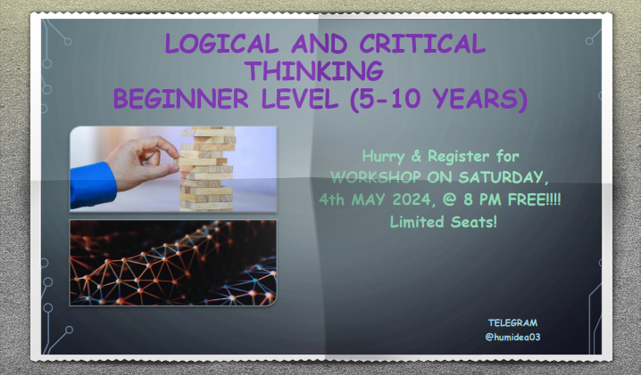 🌟 Calling all super-parents and budding young thinkers! 🚀 Join us for a FREE workshop! 🌈🧠 

Reserve your FREE spots!  Click here 👇

planetspark.in/workshops/1126…

#UnlockTheMind #FunLearning #CriticalThinking #LogicForKids #FreeEvent #FamilyFun #planetspark #workshop #onlinetutor