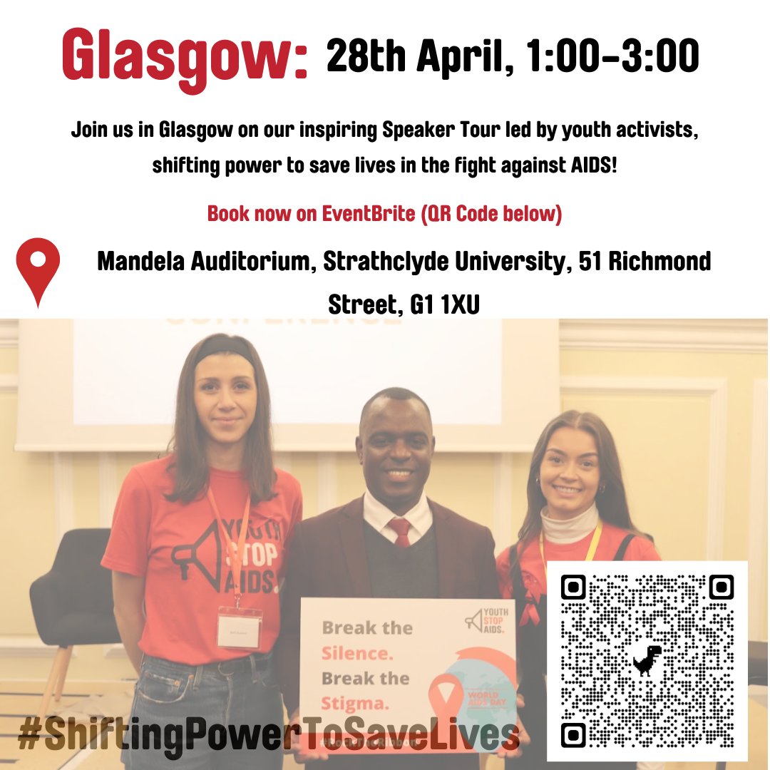 Starting in an hour! Glasgow friends! Come and join us for an inspiring event on #HIV and what we can do to hold decision-makers to account in ensuring equitable healthcare! The 4th stop on our @Youth_StopAIDS Speaker Tour! Tickets are free: tinyurl.com/mr3fw24h