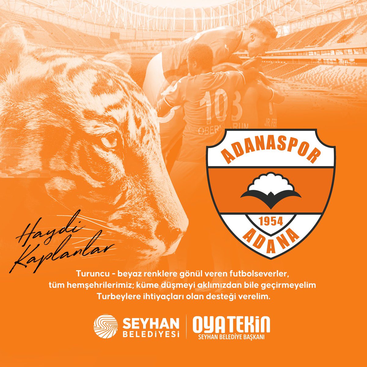 Bugün büyük gün! Bu önemli karşılaşmada Adanaspor’umuzu yalnız bırakmayalım. 🧡 Turuncu - beyaz renklere gönül veren futbolseverler, tüm hemşehrilerimiz; küme düşmeyi aklımızdan bile geçirmeyelim Turbeylere ihtiyaçları olan desteği verelim. Yeni Adana Stadı tribünlerindeki