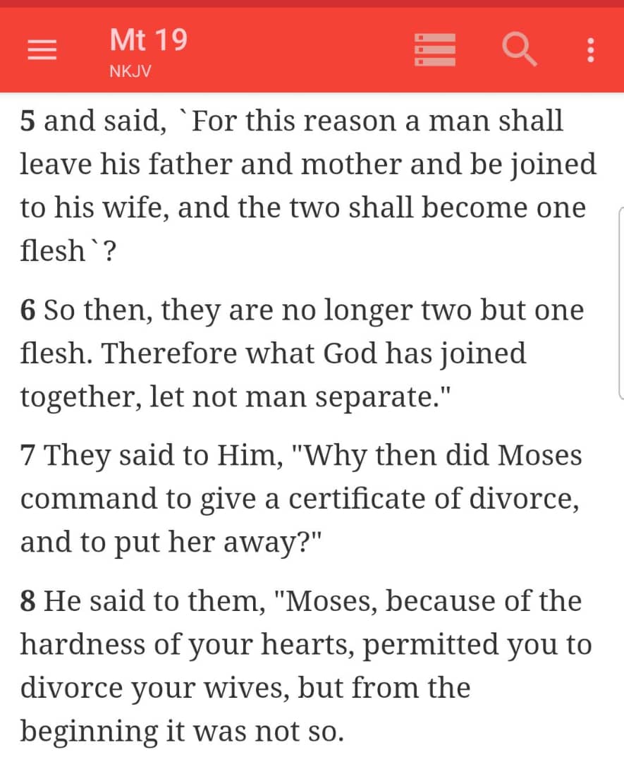iamgozalex's tweet photo. @Mantizz_25 @MobilePunch He was only telling them dat wen 2 ppl marry dey become 1 flesh and should not be separated, he didn't say dey should only marry 1. And in d same passage verse 8, he mention wives. I'm not here to argue, God bless you https://t.co/cAgQuwomQR