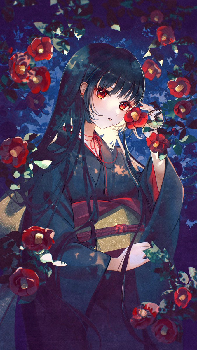 1girl solo long hair looking at viewer black hair long sleeves red eyes  illustration images