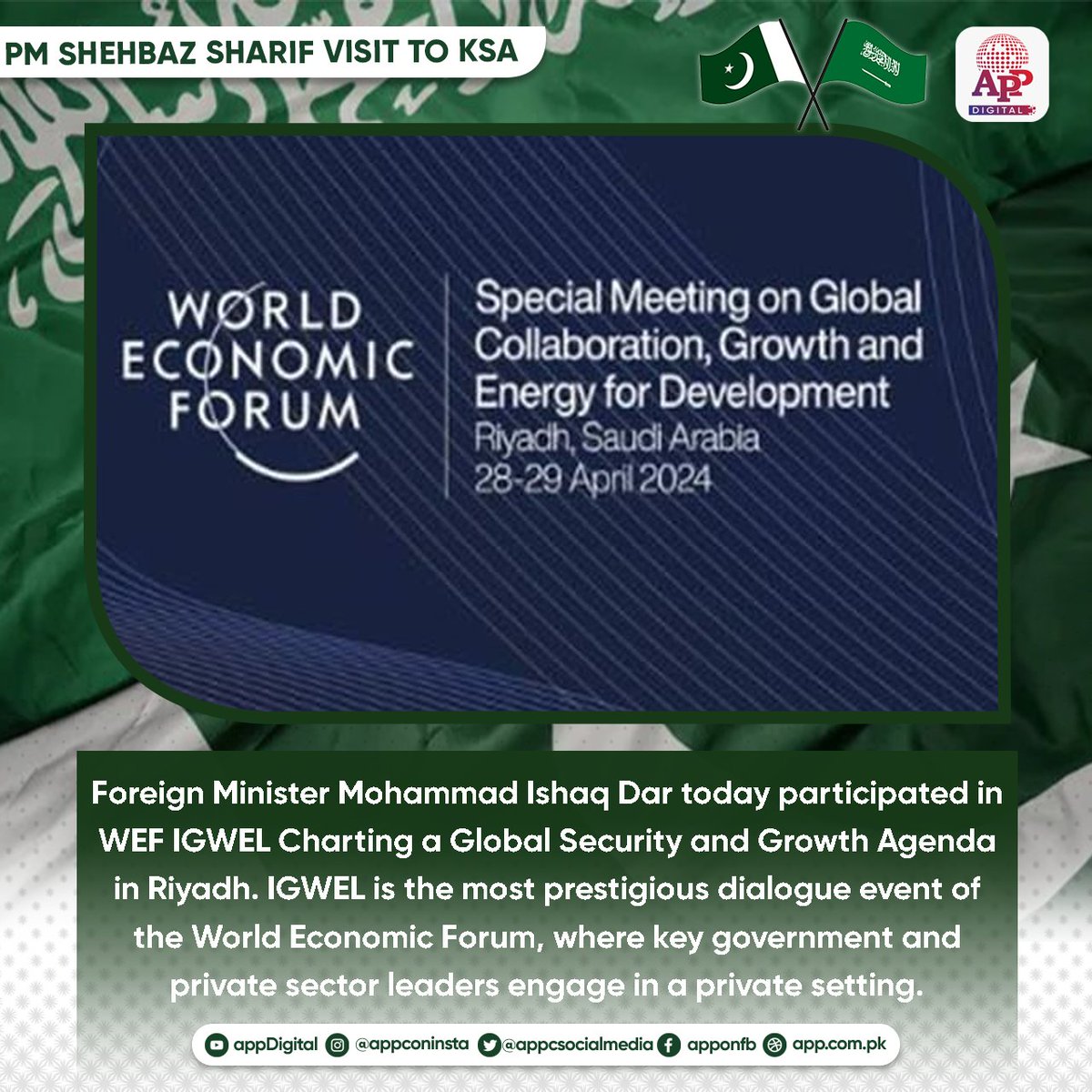 Foreign Minister Mohammad Ishaq Dar @MIshaqDar50 today participated in WEF IGWEL Charting a Global Security and Growth Agenda in Riyadh. IGWEL is the most prestigious dialogue event of the World Economic Forum, where key government and private sector leaders engage in a private…