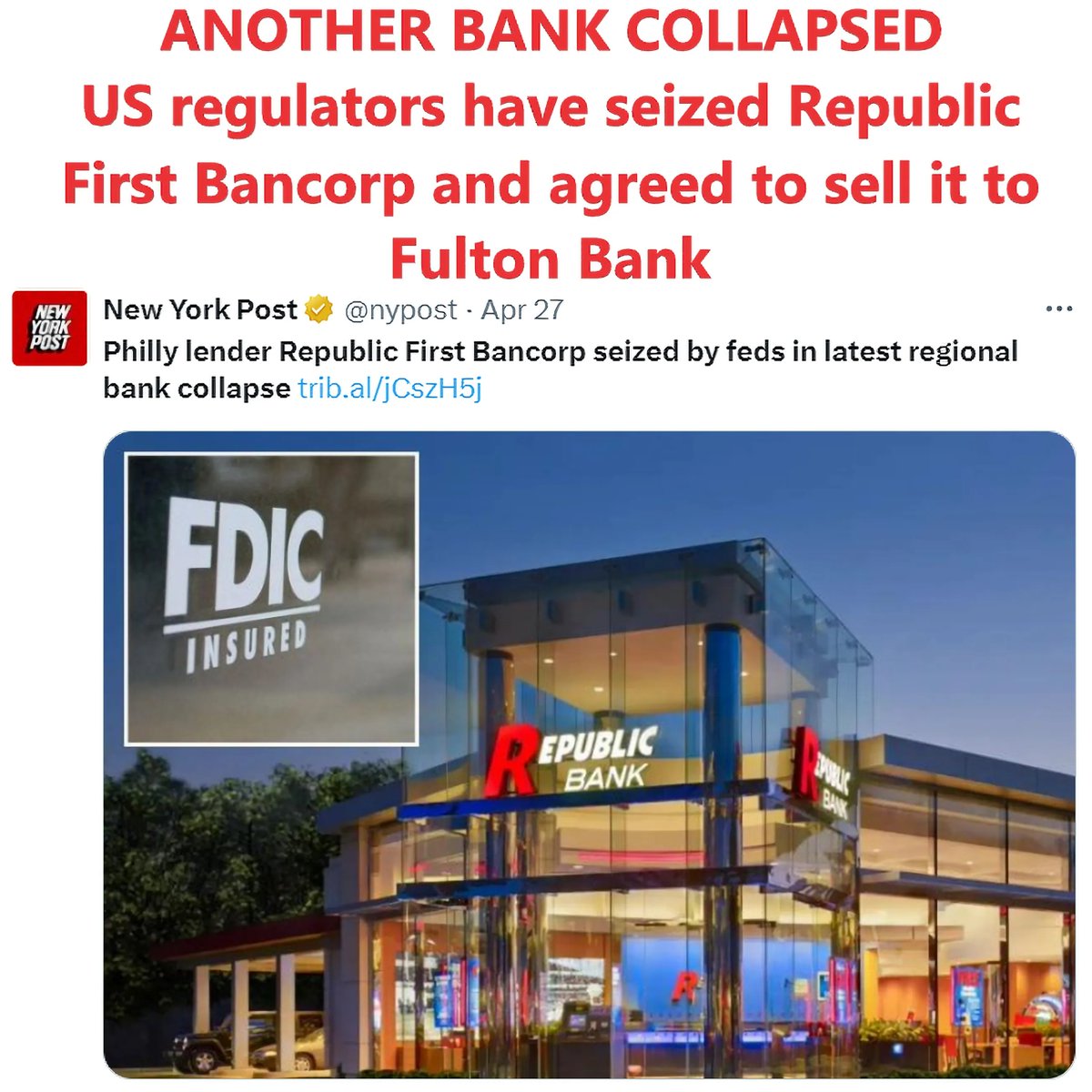 Another Bank Collapsed. US regulators have seized Republic First Bancorp and agreed to sell it to Fulton Bank. 
We've had multiple prophecies about banks collapsing. This will continue. #prophecy #BankingCrisis #bank

Details here: youtube.com/@PropheticMone…
