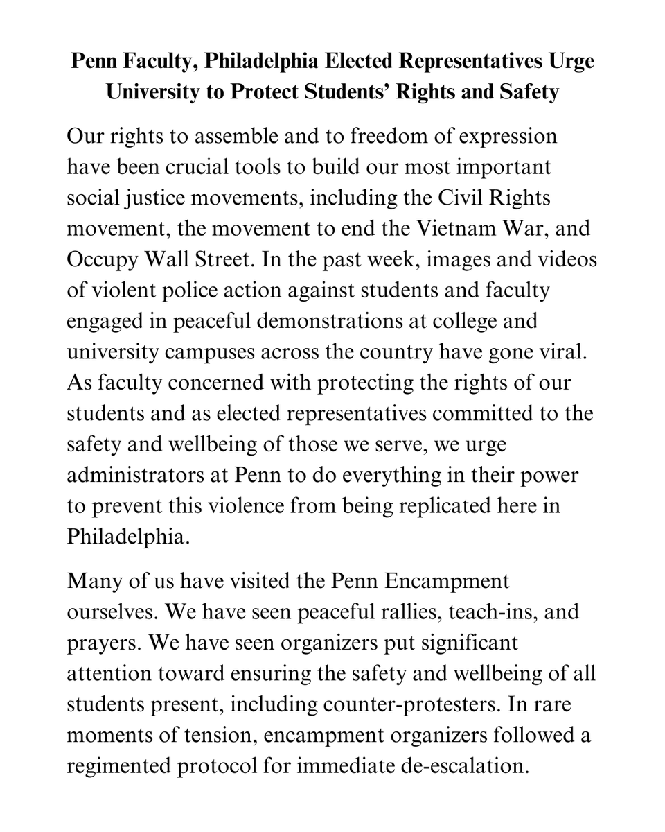SenatorSaval's tweet photo. Students have always been at the forefront of movements for peace and justice. Proud to join @aaup_penn, @RepKrajewski, @CouncilmemberJG, @KendraPHL, @NicORourkePHL, @RepRabb, and @RepTarik in urging Penn to protect the rights and safety of those engaged in peaceful protest. https://t.co/wgIvRS6HbY
