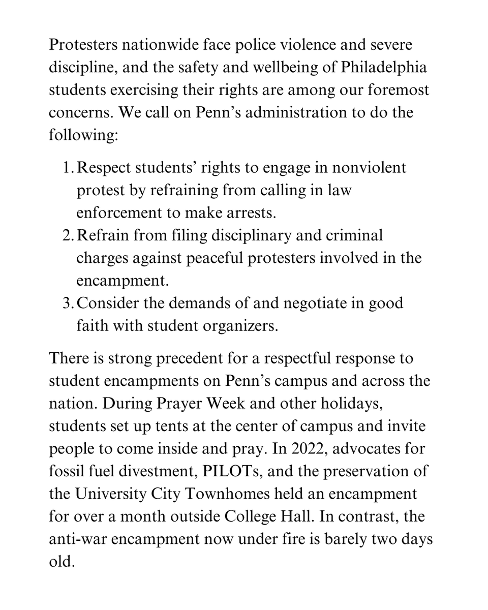 SenatorSaval's tweet photo. Students have always been at the forefront of movements for peace and justice. Proud to join @aaup_penn, @RepKrajewski, @CouncilmemberJG, @KendraPHL, @NicORourkePHL, @RepRabb, and @RepTarik in urging Penn to protect the rights and safety of those engaged in peaceful protest. https://t.co/wgIvRS6HbY