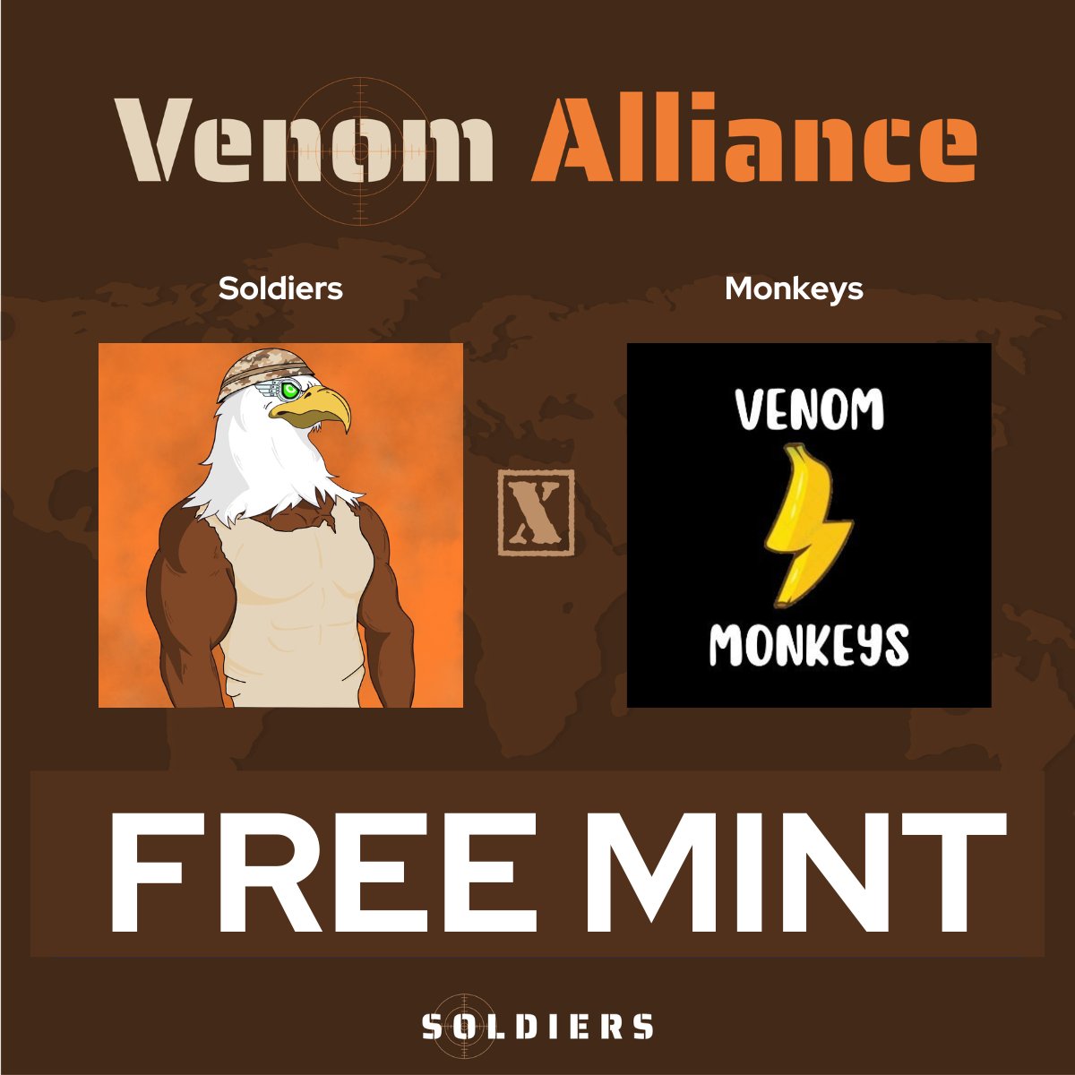 Venom Soldiers | MINT LIVE (@venom_soldiers) on Twitter photo ATTENTION SOLDIERS! 🚨
WE HAVE SOME NEWS…
Starting now, the first 20 to mint a Soldier will receive a FREE <a href="/VenomMonkeys/">Venom Monkeys 🍌⚡️</a> NFT! 🦅🐵
venomart.io/launchpad/veno… ATTENTION SOLDIERS! 🚨
WE HAVE SOME NEWS…
Starting now, the first 20 to mint a Soldier will receive a FREE <a href="/VenomMonkeys/">Venom Monkeys 🍌⚡️</a> NFT! 🦅🐵
venomart.io/launchpad/veno…