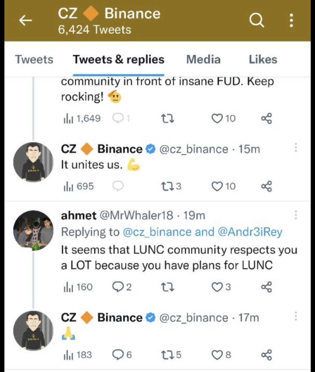 When you have doubts occasionally.. Please remember that you are only human and for most of us, life changing money is at stake here. But when it gets overwhelming at times, take a look at this tweet by cz binance and remember that we are in good hands..and hang in there.
#LUNC