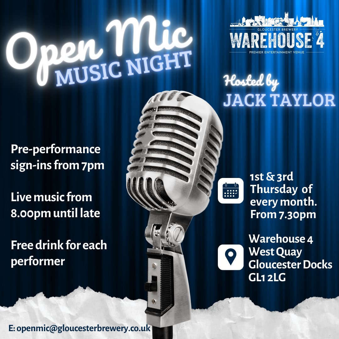🎤 Calling all music lovers! Join us at Gloucester Brewery's Warehouse 4 for Open Mic Night hosted by Jack Taylor! Showcase your talent or enjoy a night of live music starting at 8pm. It's your time to shine on stage! 🎶🌟 #OpenMicNight #GloucesterQuays #Warehouse4 🎸🎤