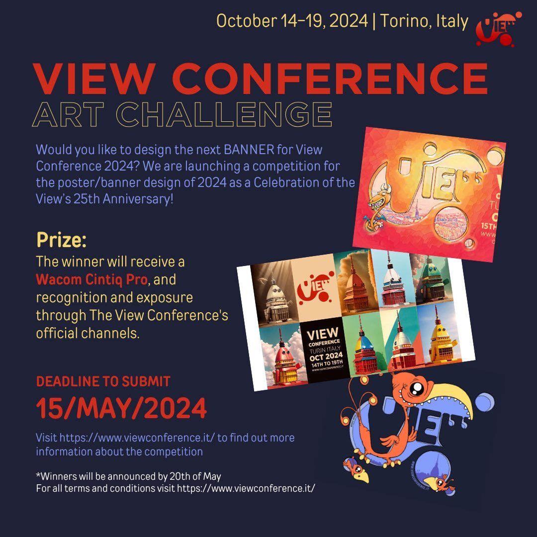 Art challenge time: design a poster for this year's VIEW Conference, and you could win a Wacom Cintiq Pro pen display See the entry guidelines here: viewconference.it/article/957/vi… #viewconference #artchallenge #animation #vfx #games #conceptart #illustration @ViewConference