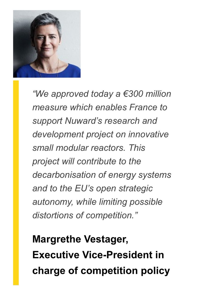 TO IMPROVE IS TO CHANGE ⚛️✅

Former anti-nuclear, now executive Vice-President of the European Commission, Margrethe Vestager (@vestager) approves €300 million French Investment measure to support Nuward (@EDFofficiel) in R&D and developing small modular reactors (SMR).…