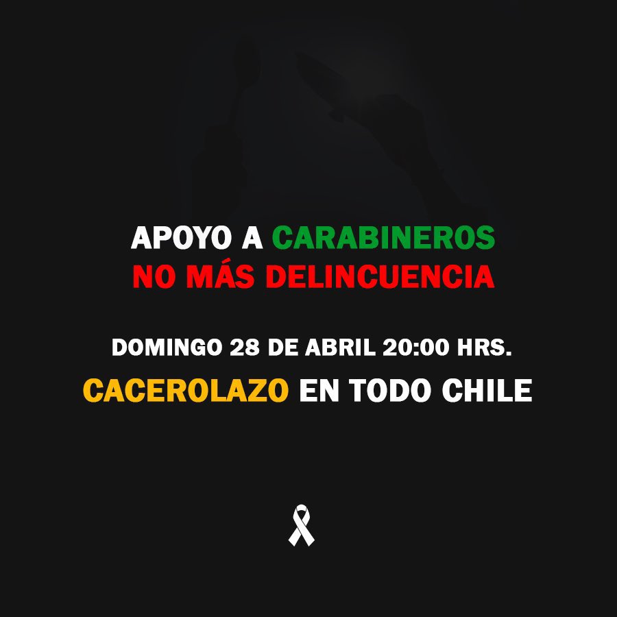 Atención amigos. Hoy cacerolazo en todo Chile a las 20:00 hrs. Apoyemos a Carabineros 💪🏻💪🏻 @Carabdechile
