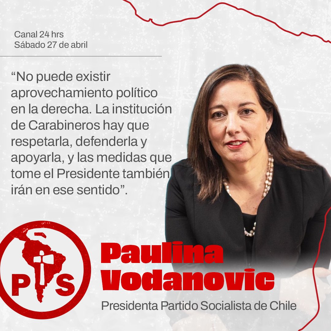 Paulina Vodanovic, Presidenta del Partido Socialista, hace un llamado a la oposición para que no se utilice políticamente el atentado contra los tres carabineros: Cisterna, Arévalo y Vidal.