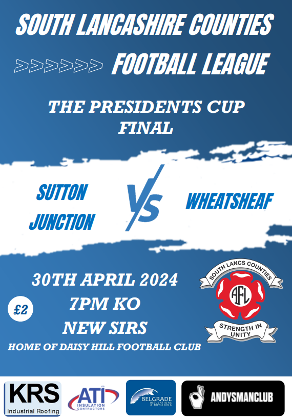 2024 President's Cup Final sponsored by KRS Industrial Roofing. Sutton Junction v Wheatsheaf Tuesday 30th April 7:00pm @DaisyHillFC £4 adults (18-64) £1 concessions £2 programmes. CASH ONLY Gates open from 6:00pm. Refreshments available inside the ground. Please retweet
