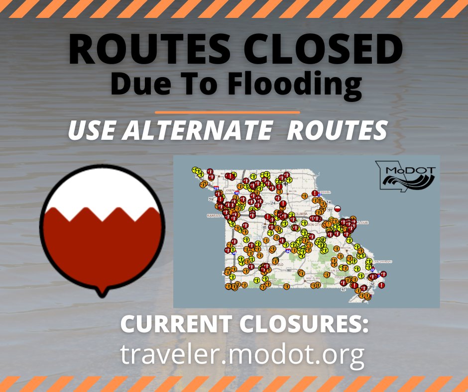 ALERT: Flooding has closed several routes in the Northeast District, with more rain in the forecast. Do not remove barricades or drive through water over the road. The latest information on traffic impacts can be found on MoDOT's traveler map at modot.org.