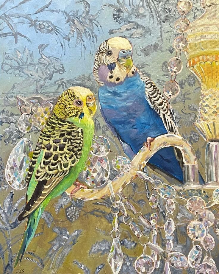‘Budgies on a Chandelier’
Fiona Smith.  
Now , who doesn’t love a Budgerigar…..
This is so lovely.   I think so anyway