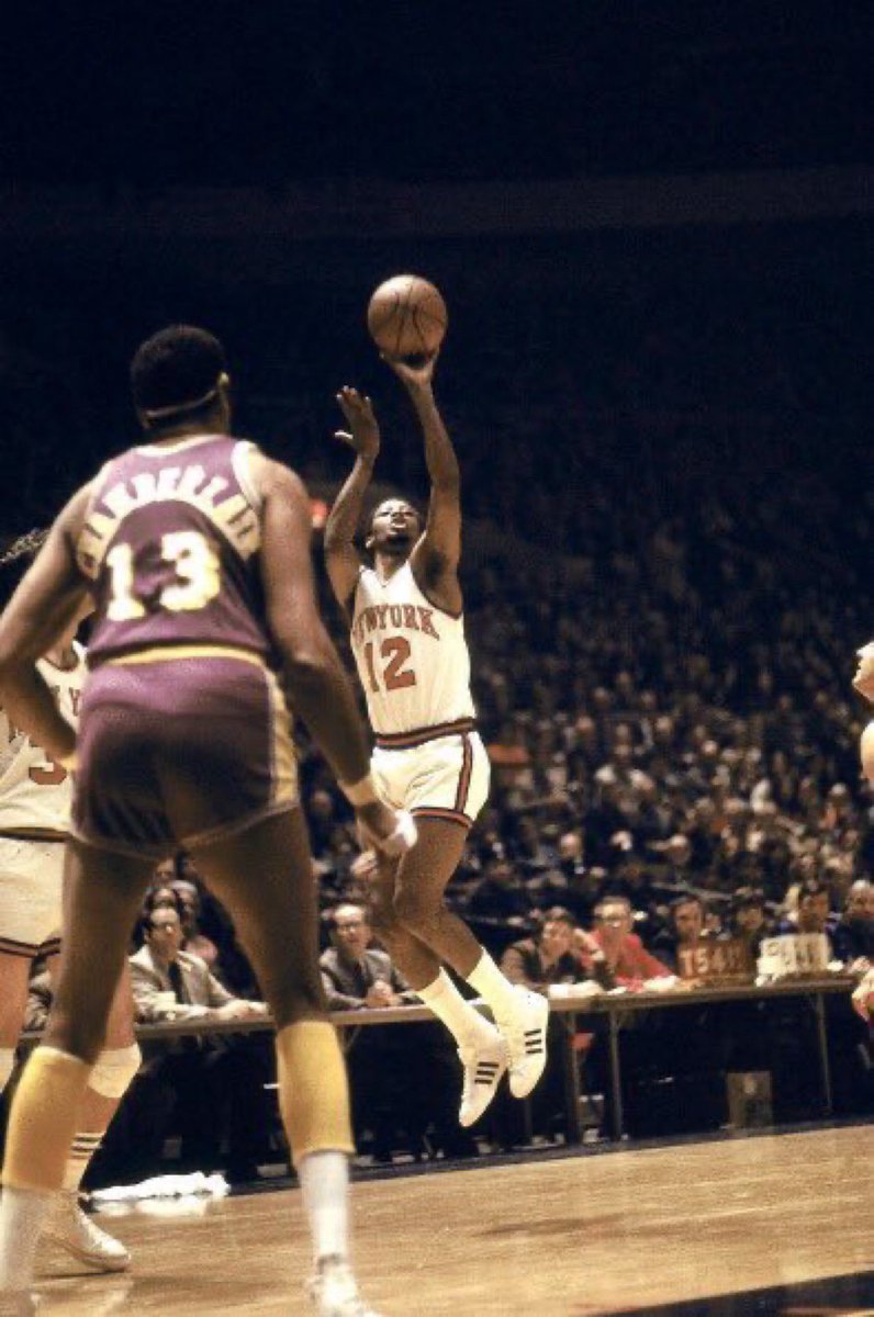 Dick Barnett gets off his ' One of a Kind' Jump Shot during the 1970 Knick's-Lakers NBA Finals at 
Madison Square Garden.#Knicks  #Lakers #NBA  #1970s