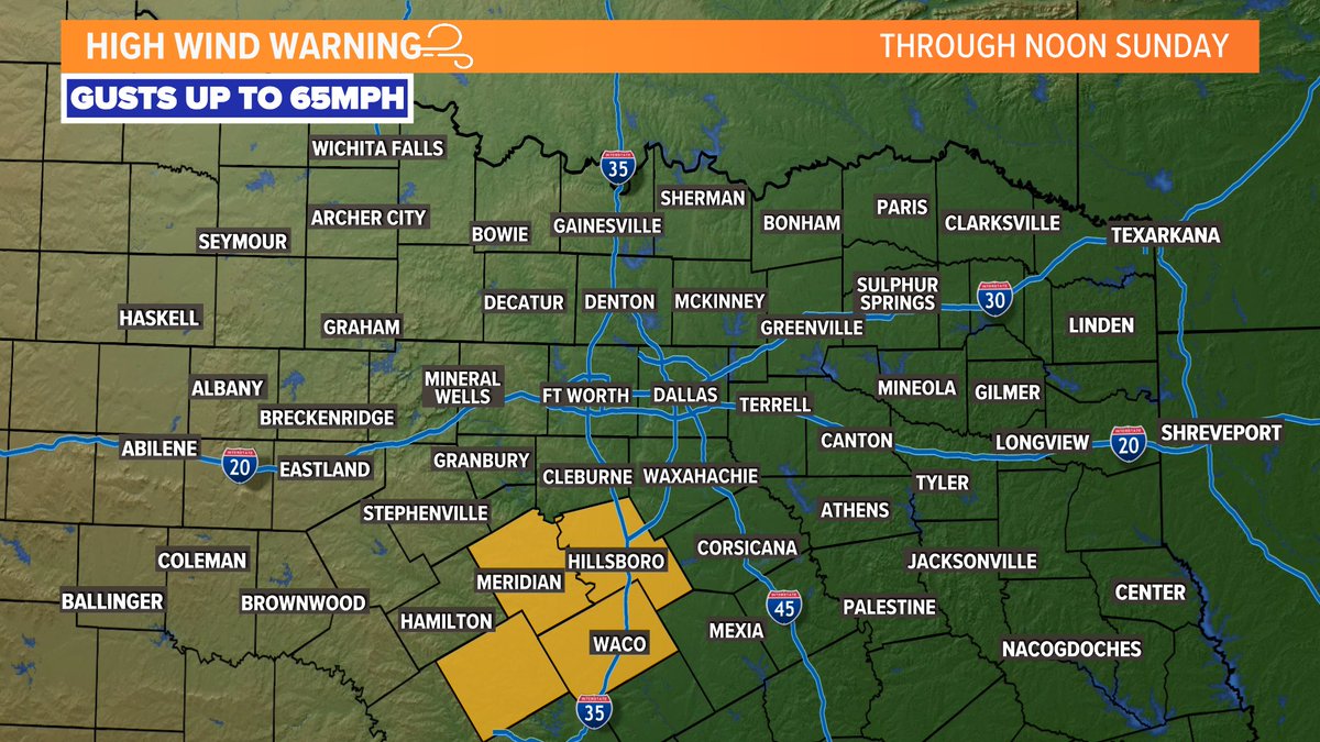 Decaying thunderstorms are producing strong winds in southern North Texas into Central Texas. A High Wind Warning is in effect until noon for gusts up to 65mph in those areas. #wfaaweather