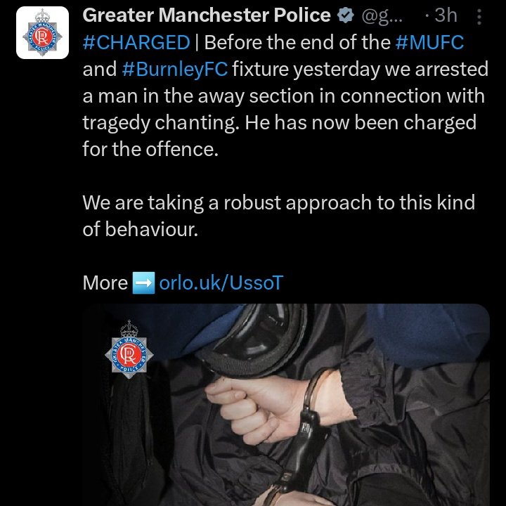 🚨 The police have now arrested and charged the 44-year-old Burnley fan who was spotted mocking the Munich air disaster during yesterday's game at Old Trafford. [@MufcWonItAll2] Fantastic news 👏