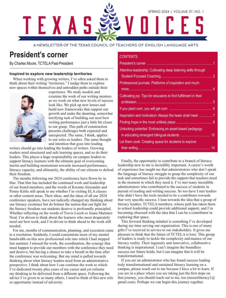 The Spring 2024 issue of #TCTELA’s Texas Voices Newsletter is now available for your reading pleasure. Contributors include Imm. Past President @ctcoach, President-Elect @eva_goins, and the debuts of section leads @Esmeralda_ESL & Dr. Ann D. David assets.nationbuilder.com/tctela/pages/3…