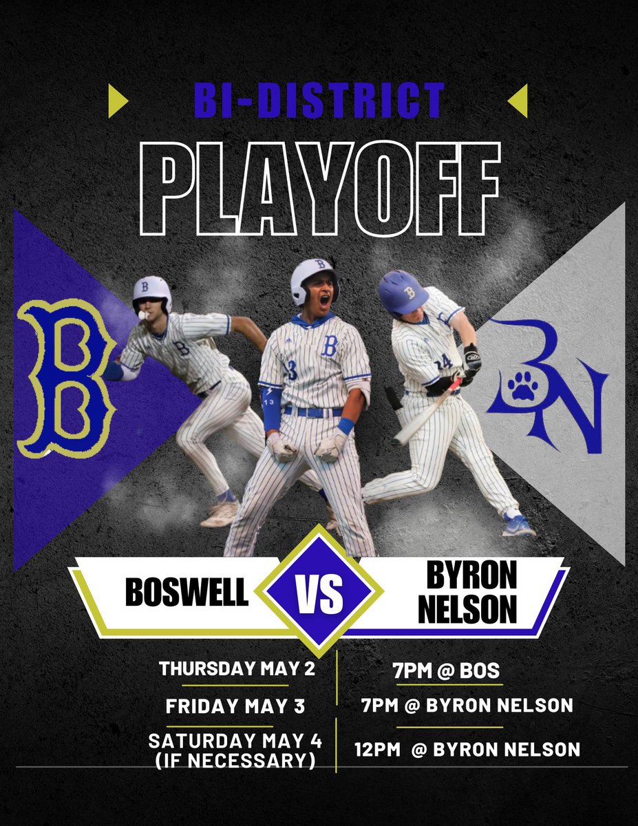 ‼️Playoff time in Texas‼️ 3-6A Boswell vs 4-6A Byron Nelson Thursday @ BOS 7PM Friday @ Byron 7PM Saturday (if necessary) @ Byron 12PM @emsisdathletics @6ATxHSBaseball @boswellhs
