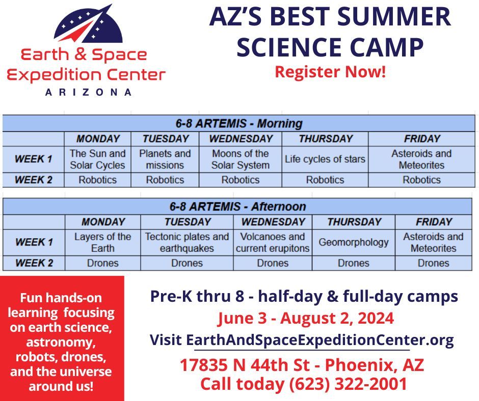We have customized learning programs for kids pre-k through 8th grade in our Summer Science Camps! Take a look at our 6th-8th grade program. Week 1 topics: weeks of June 3rd, June 17th, July 8th, and July 22nd. Register for AZ's Best Summer Science Camp buff.ly/4cfGLf3