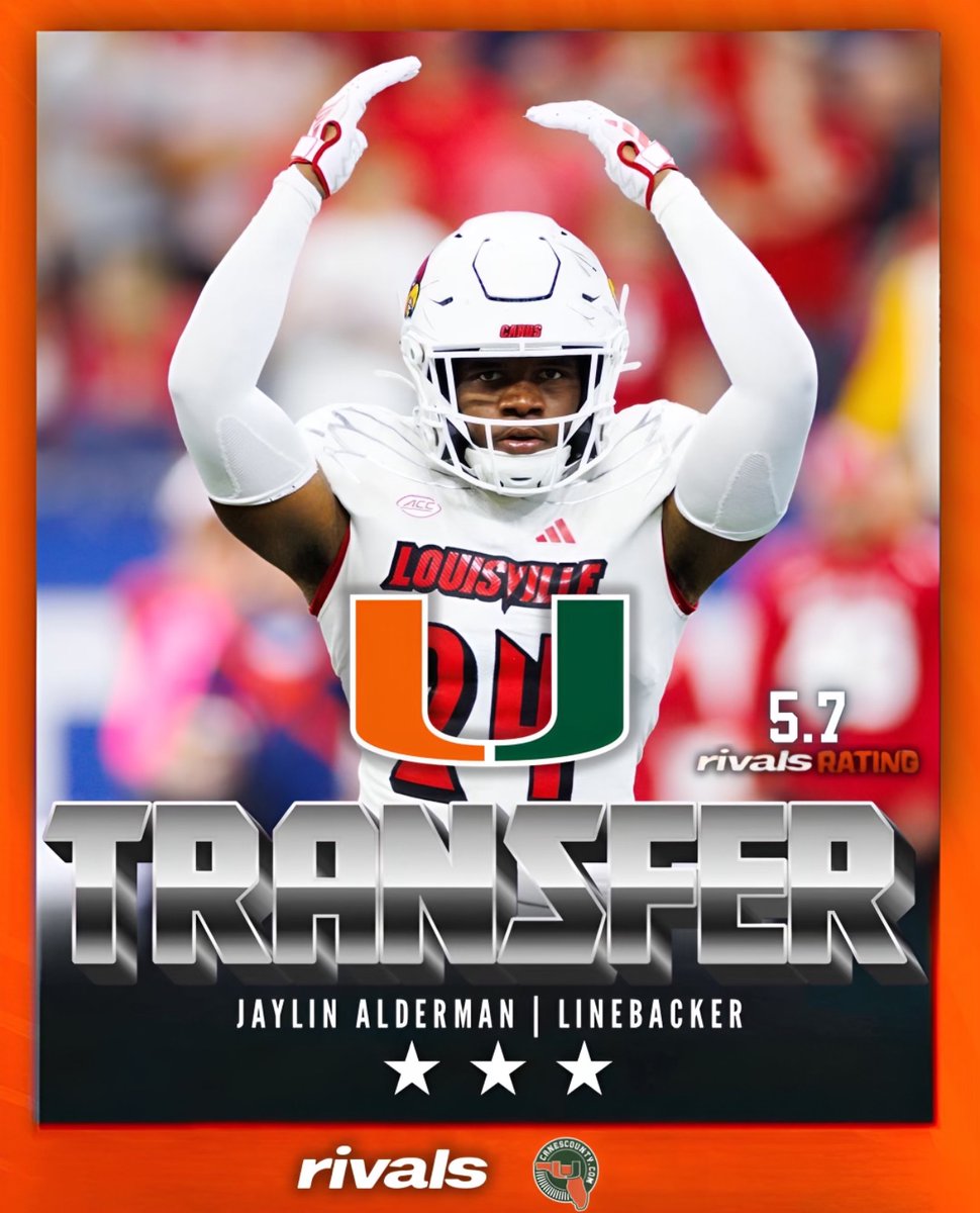 Miami lands Louisville transfer linebacker Jaylin Alderman. 'Knowing the tradition, the guys who came before me, the Hall of Famers, the NFL draft picks. It just means a lot to play for the U.' @canes_county | @RivalsPortal miami.rivals.com/news/louisvill…