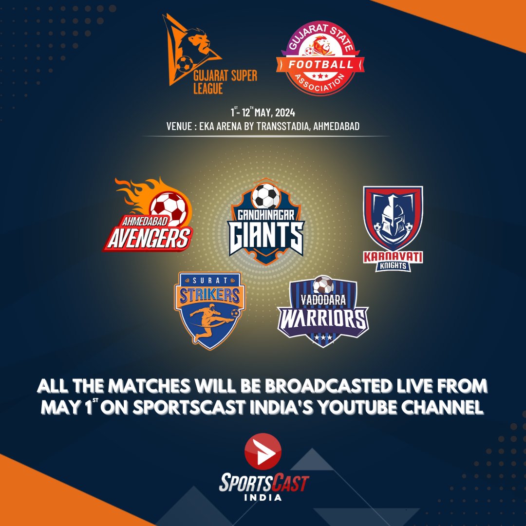 The news you've all been waiting for! ⬇️😍 For our Indian Audience, Sportscast India will be broadcasting the 1st ever Gujarat Super League LIVE on it's youtube channel from 1st May!! 📺▶️ 1️⃣2️⃣ Days 🗒️ 1️⃣6️⃣ Matches ⚽ @GujaratFootball #gujaratsuperleague #indianfootball