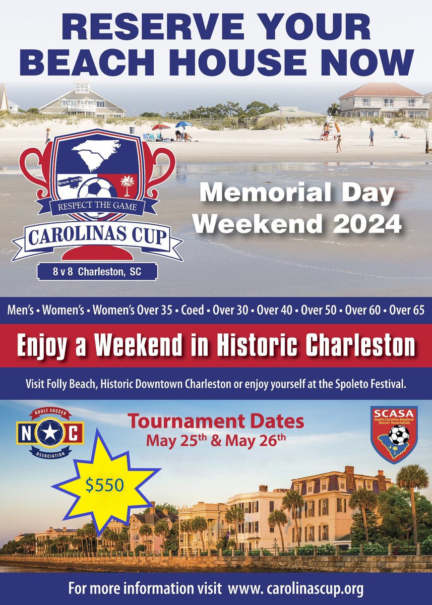 NCAdultSoccer's tweet photo. Carolinas Cup Charleston 8v8 Memorial Day weekend. Hurry - Team Registration Deadline is May 5th! Now Offering - Women's Over 30 Division Click Link for more information: https://t.co/QzRhkINpxY… https://t.co/1SePplEfd7