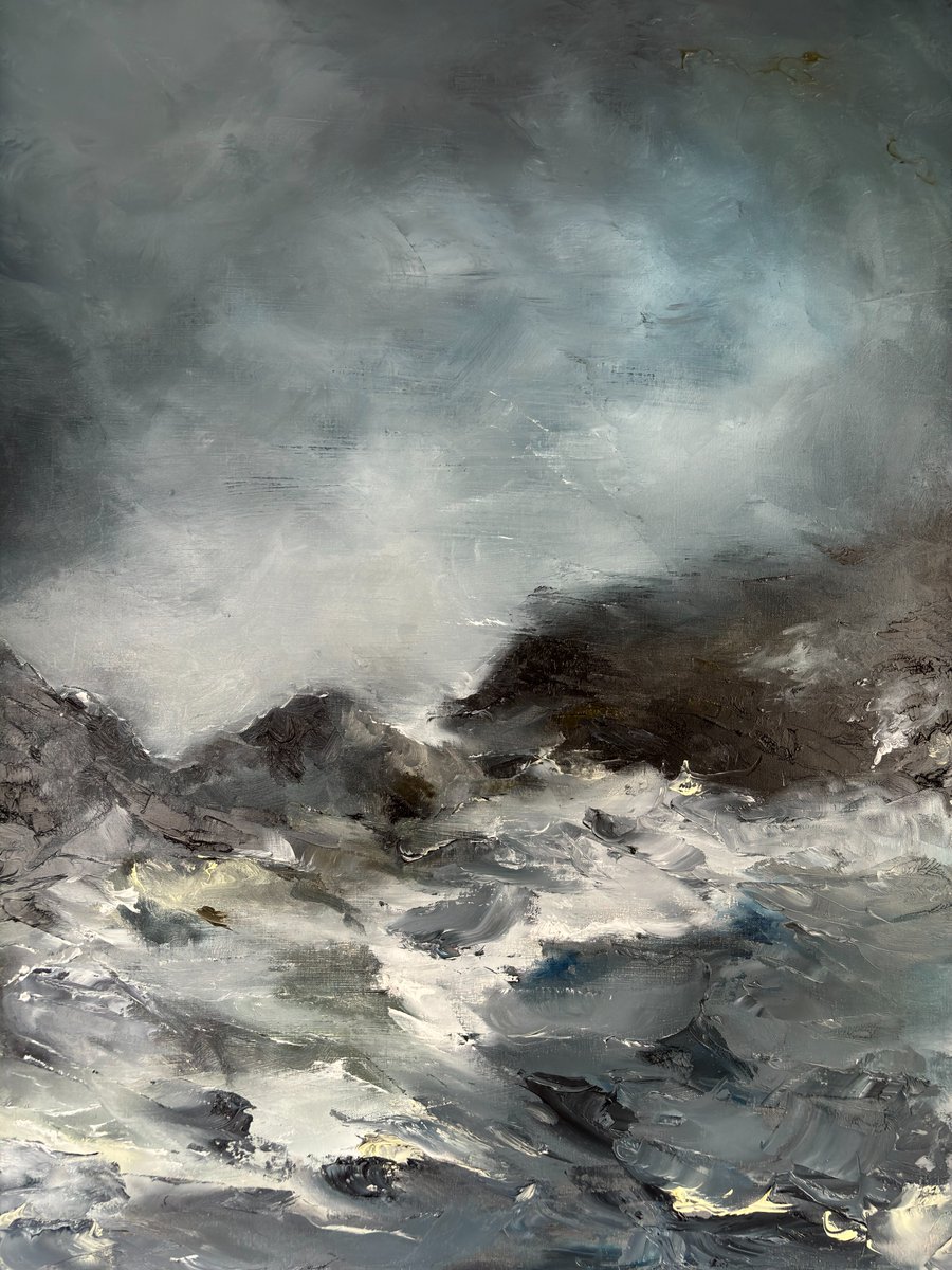 Now I think this is finished - just a couple of tweaks. 'Attrition', oil on linen, 60 x 80cm. I'll add it to my website shortly, or DM for more information. #artforsale #painting #oilpainting #seascape #rocks #wildwater #irishartist #artistontwitter