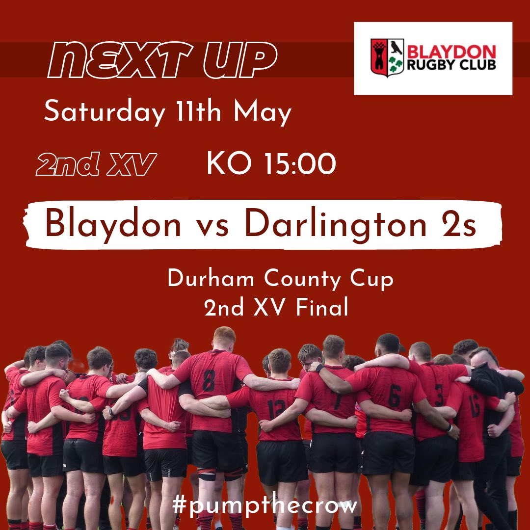 Coming up next... 🏆 Durham County Cup 2nd XV Final 🏆 🗓️Saturday 11th May 🆚 Darlington 2s (H) 📍 Crow Trees ⏰ 15:00 #pumpthecrow