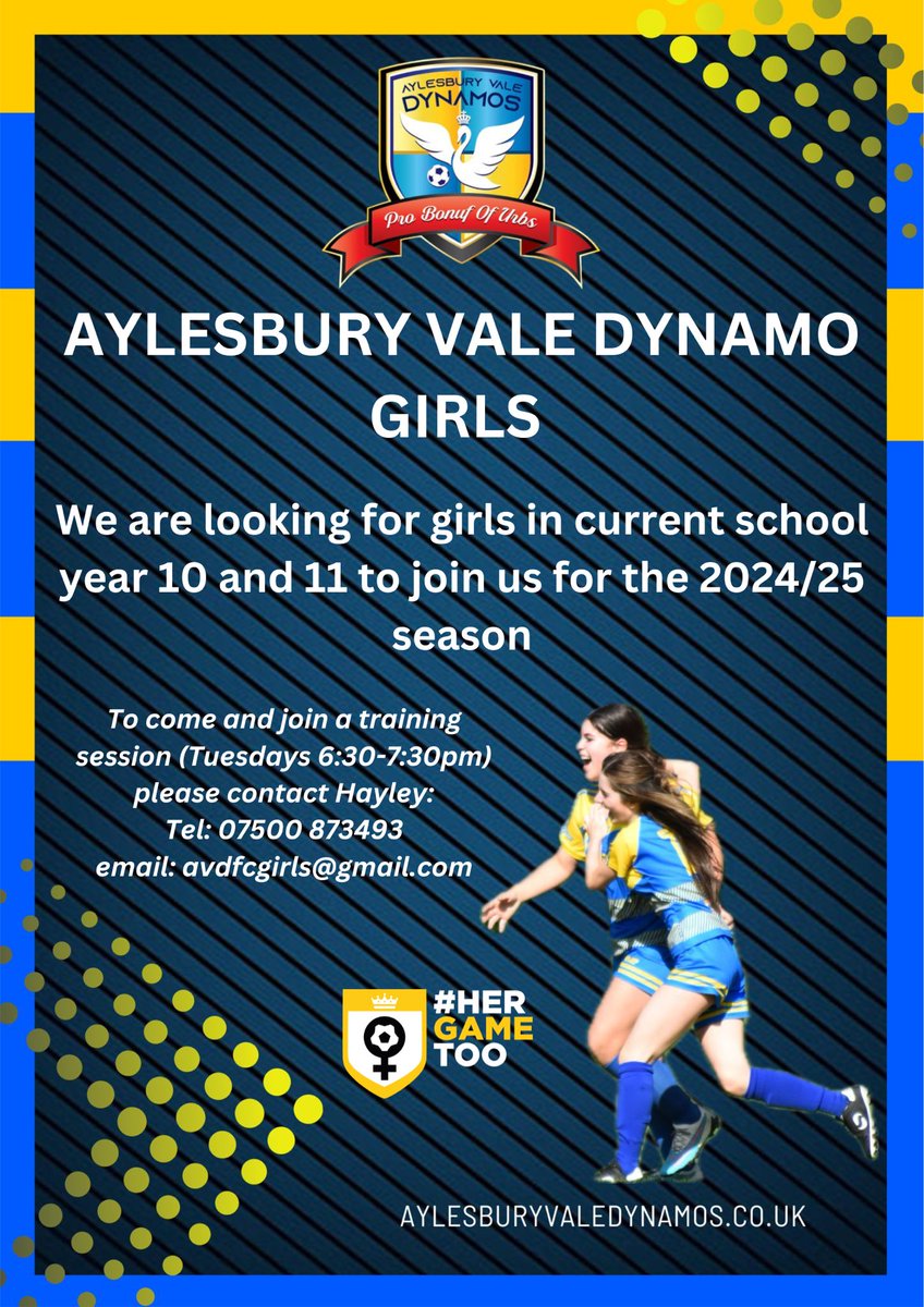 PLAYERS WANTED | We are looking for girls in current school years 10 and 11 to join us for the 2024/25 season. Contact us now to find out more and join a training session.  

#LetGirlsPlay #TakeYourChance #ThisGirlCan #HerGameToo #GrassrootsFootball #WeAreTheDynamos @AylesNews