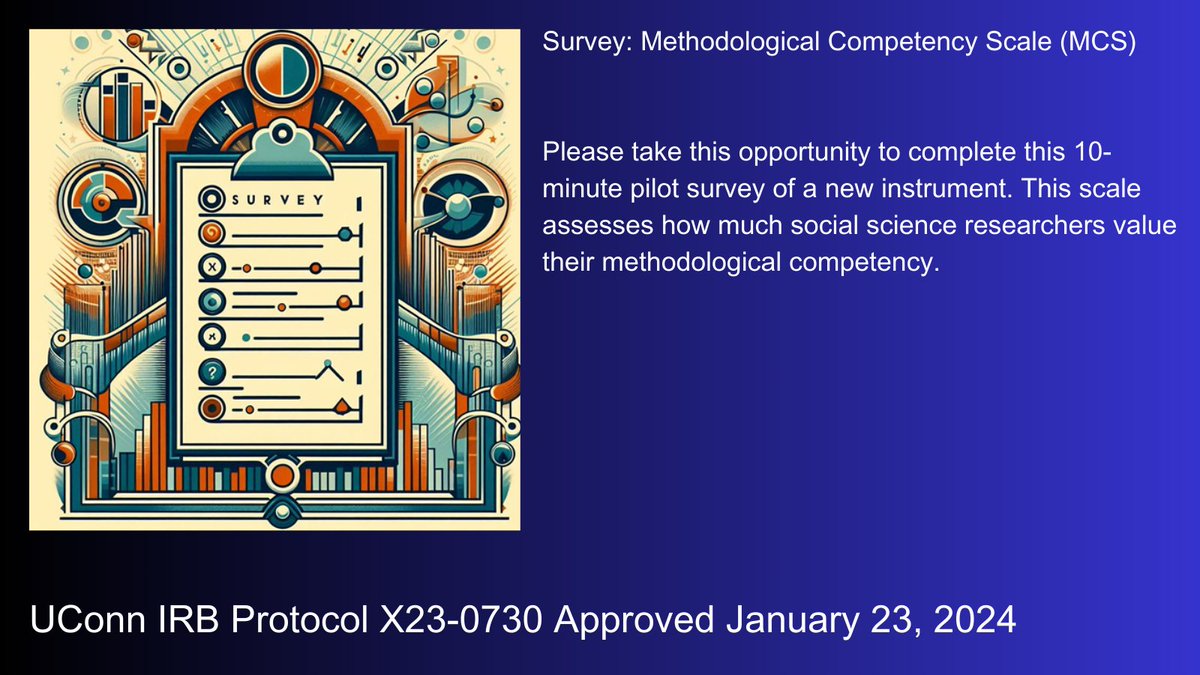 Please take this opportunity to complete this 10-minute pilot survey, the Methodological Competency Scale (MCS). It assesses how much social science researchers value their methodological competency. UConn IRB Protocol X23-0730 Approved January 23, 2024 tinyurl.com/mrxxcsbk