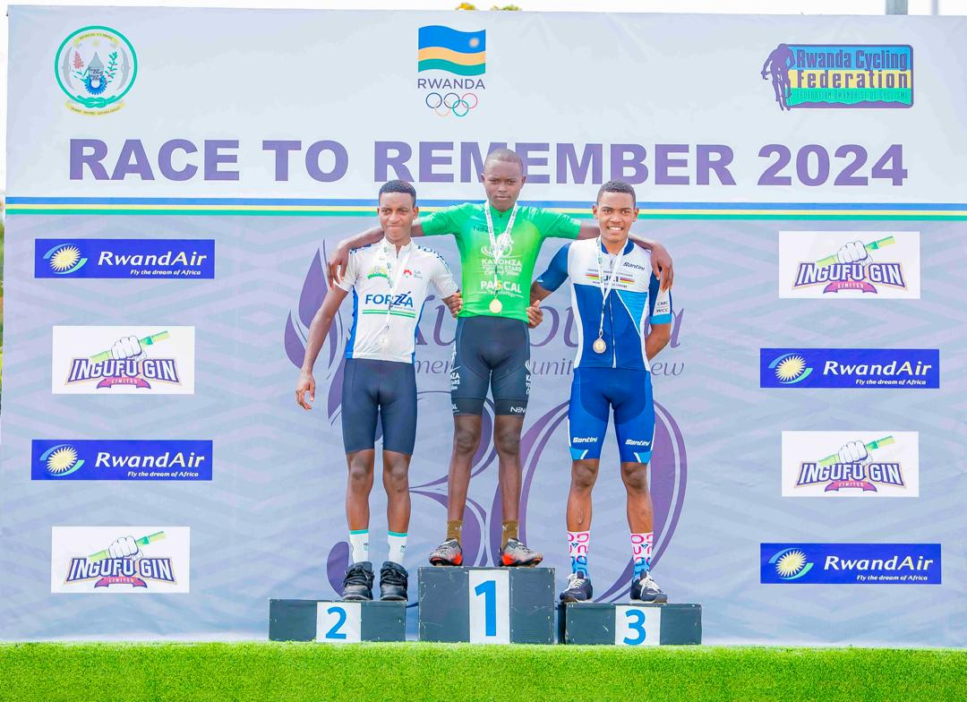 Race to Remember 2024, Podium Photos: Men Juniors (113 Km : 1-Twagirayezu Didier (Kayonza Young Stars) : 3h05'03' 2-Moses Ntirenganya (Les Amis Sportif) : 3h09'09' 3-Juliano Ndriamanampy (CMC World cycling team) : 3h09'09' #RaceToRemember2024