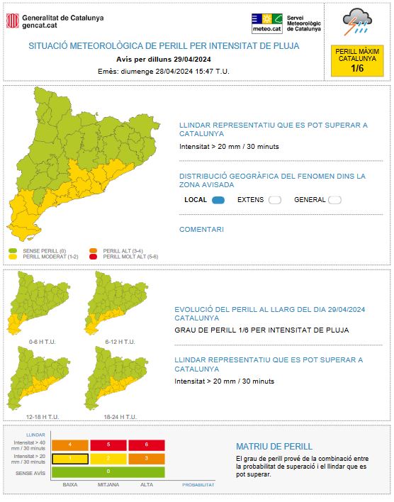 ⚠ Actualitzat l'avís de situació meteorològica de perill (#avisosSMP) per intensitat de pluja ⚠

➡ Dll. 02:00 a dm. 02:00 h 

➡ Possibilitat de precipitació > 20 mm / 30 minuts

➡ Grau de perill màx: 🟡 1/6

➡ *Hora local (h) = TU +2