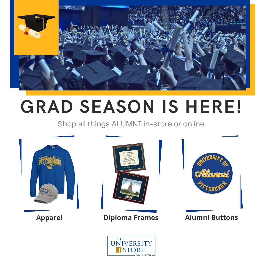 PittUnivStore's tweet image. TODAY is GRADUATION DAY! We are so proud of our wonderful grads! Take a piece of Pitt with you by stopping by in-store (or online, but we'd love to see you) before you leave campus to get your own Pitt Alumni merch. 🎓 #PittGrad #PittAlumni #PittGraduation2024