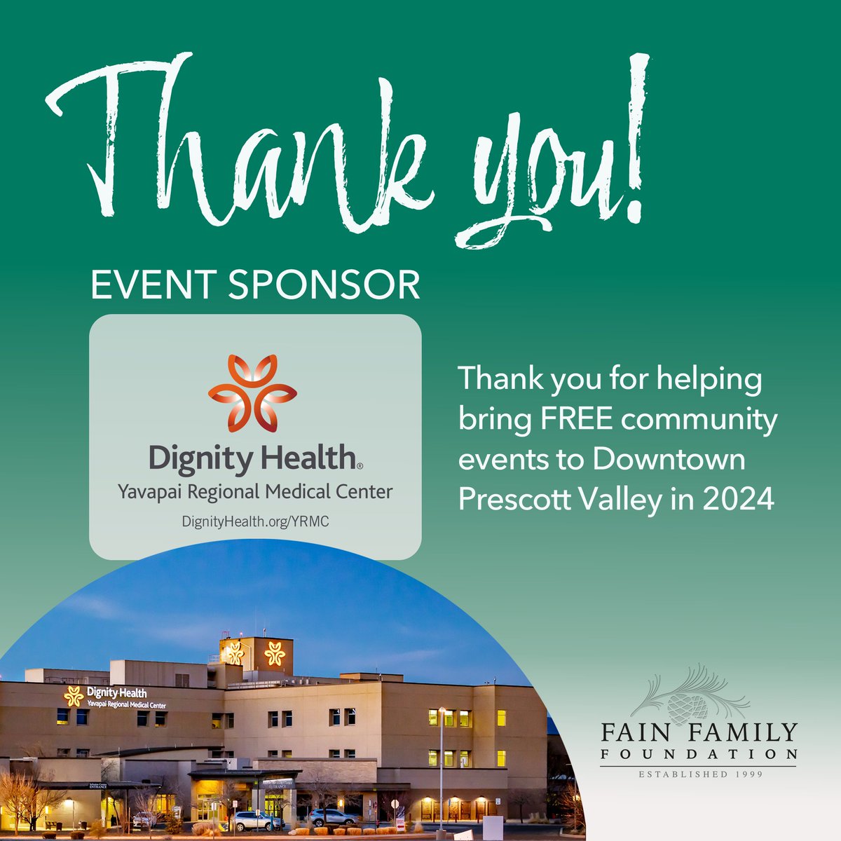 We would like to send a thank you to @DignityHealth & @Dignityhealthaz, one of our 2024 Town Center Event Sponsors! 

Thank you for helping to bring free community events to Downtown Prescott Valley. 🙂

#prescottevents #thingstodoprescott #thingstodoprescottvalley #dignityhealth
