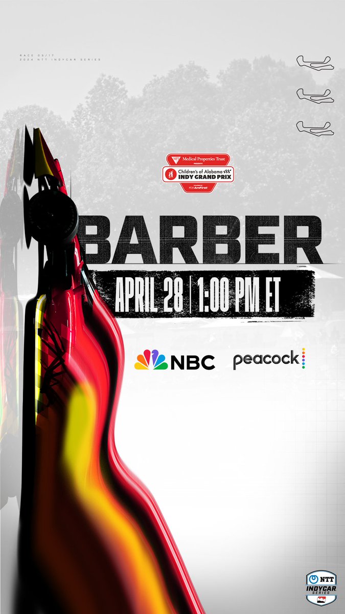 📣 @indycar fans, IT'S RACE DAY🏁 Tune into @IndyCaronNBC or @peacock at 1PM ET TODAY for Barber at @barbermotorpark! 🏎️