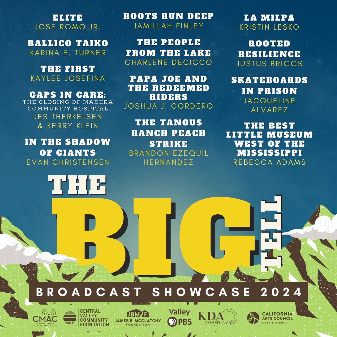 In just a few hours, the broadcast showcase for The Big Tell will be airing! ⏰ Time: 3 p.m. | 📺 Broadcasting: Valley PBS and CMAC 1 - Public Channel thebigtell.org @JBMcClatchy, the @CentralValleyCF, the KDA Creative Corps, & @ValleyPBS. @SaschaWrites