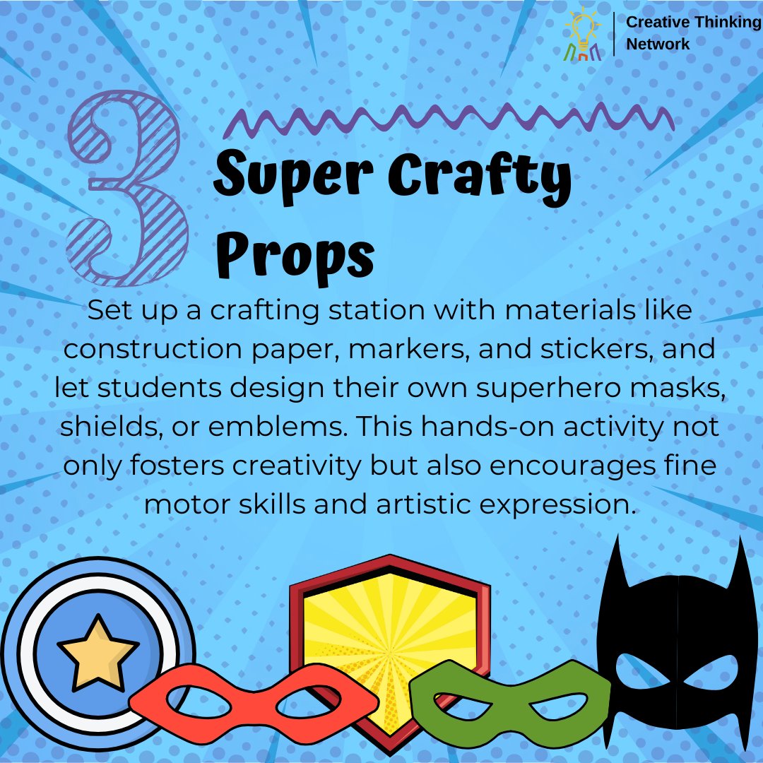 Don your capes & ignite your students' imaginations on National Superhero Day! #SuperheroDay
Here are 3 super-tips to incorporate a fun superhero themed craft or writing project into your classroom: 
1️⃣🦸Superhero Self-Portraits
2️⃣🦸Heroic Narrative Writing
3️⃣🦸Super Crafty Props