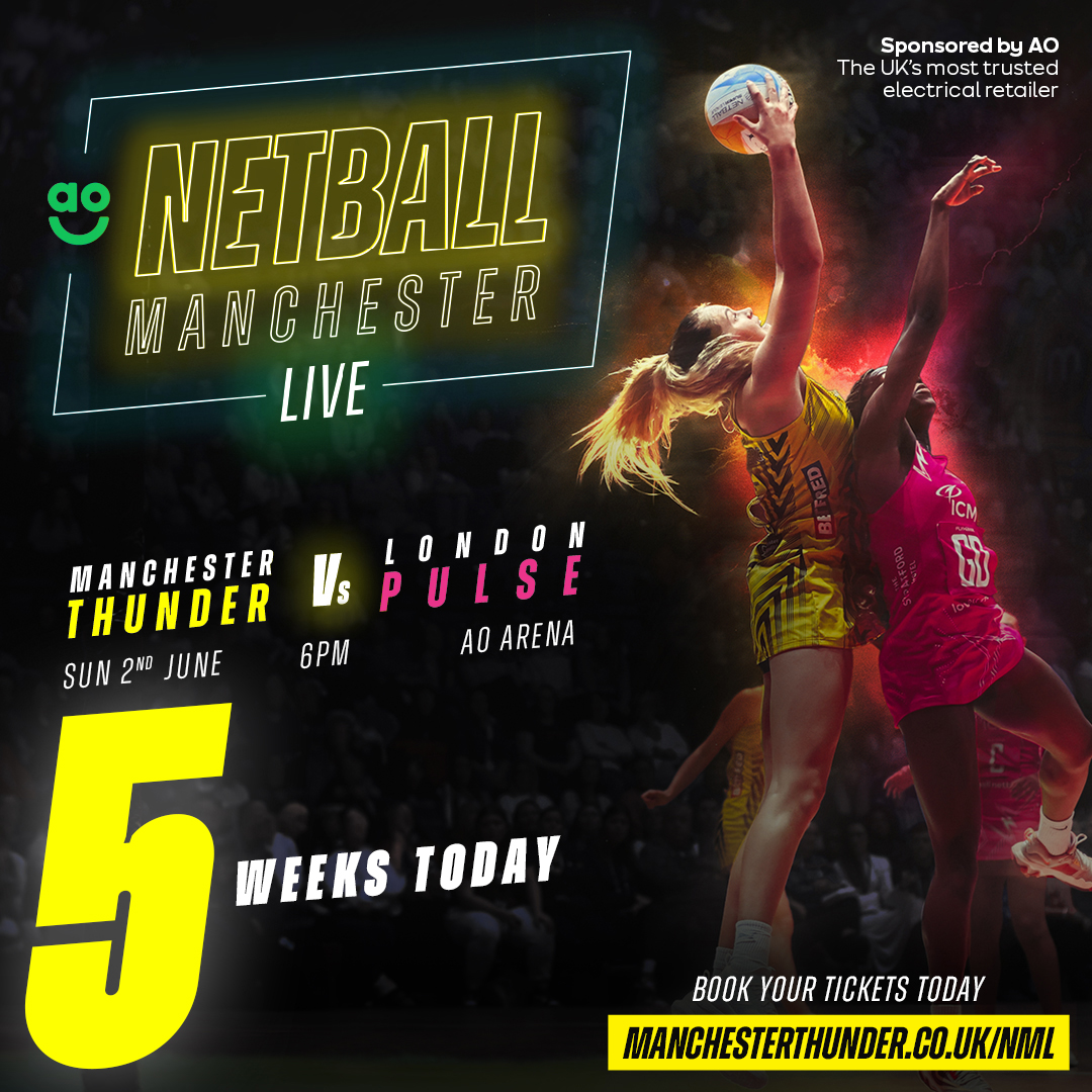 5⃣ weeks today we take on @Pulse_Netball at the @AOArena as we introduce @ao Netball Manchester Live ⚡️

Have you bought your tickets yet? 🎟️

Ticketline➡️ bit.ly/NML-Ticketline
Ticketmaster ➡️ bit.ly/NML-Ticketmast…

If you have a group of 10+, take advantage of discounted…