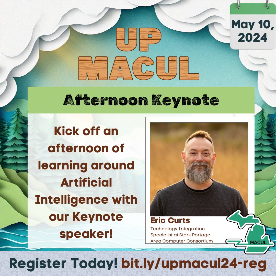 The afternoon learning at #upmacul24 will be focused on AI - and the learning will kickoff with our keynote speaker, Eric Curts! 
❓What are you most looking forward to learning about around artificial intelligence? #miched