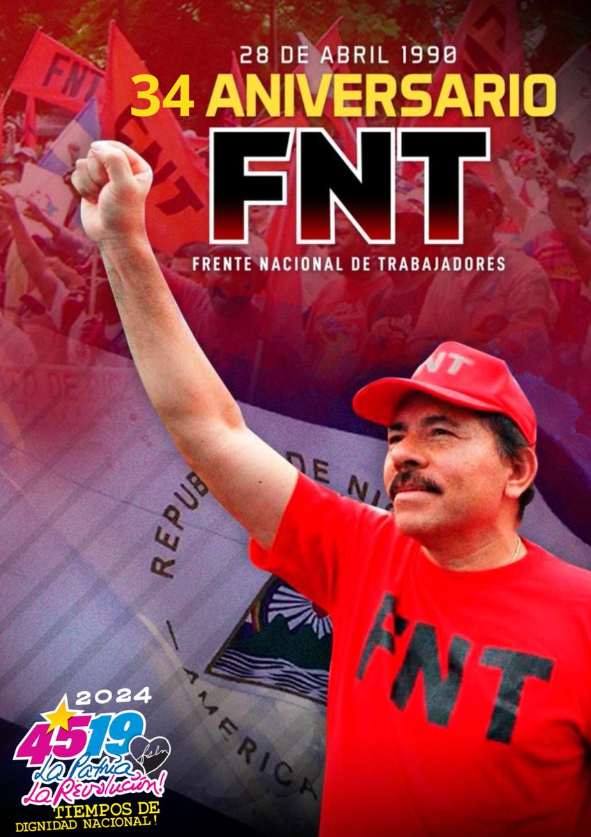 #28Abril | 1990 🇳🇮 Por orientación estrategica del Comandante Daniel Ortega, hoy se cumplen 34 años de fundación del Frente Nacional de los Trabajadores, un frente de lucha sociopolítico sindical en defensa del pueblo, contra las políticas del neoliberalismo. #NiUnPasoAtras ✊