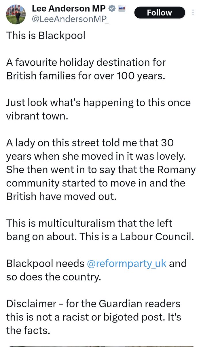 Brits are being driven away from holidaying in their own country by foreigners. Watertight argument..... A lady on this street told me that Lee Anderson turned up with his genitals covered in Pedigree Chum to attract stray dogs.