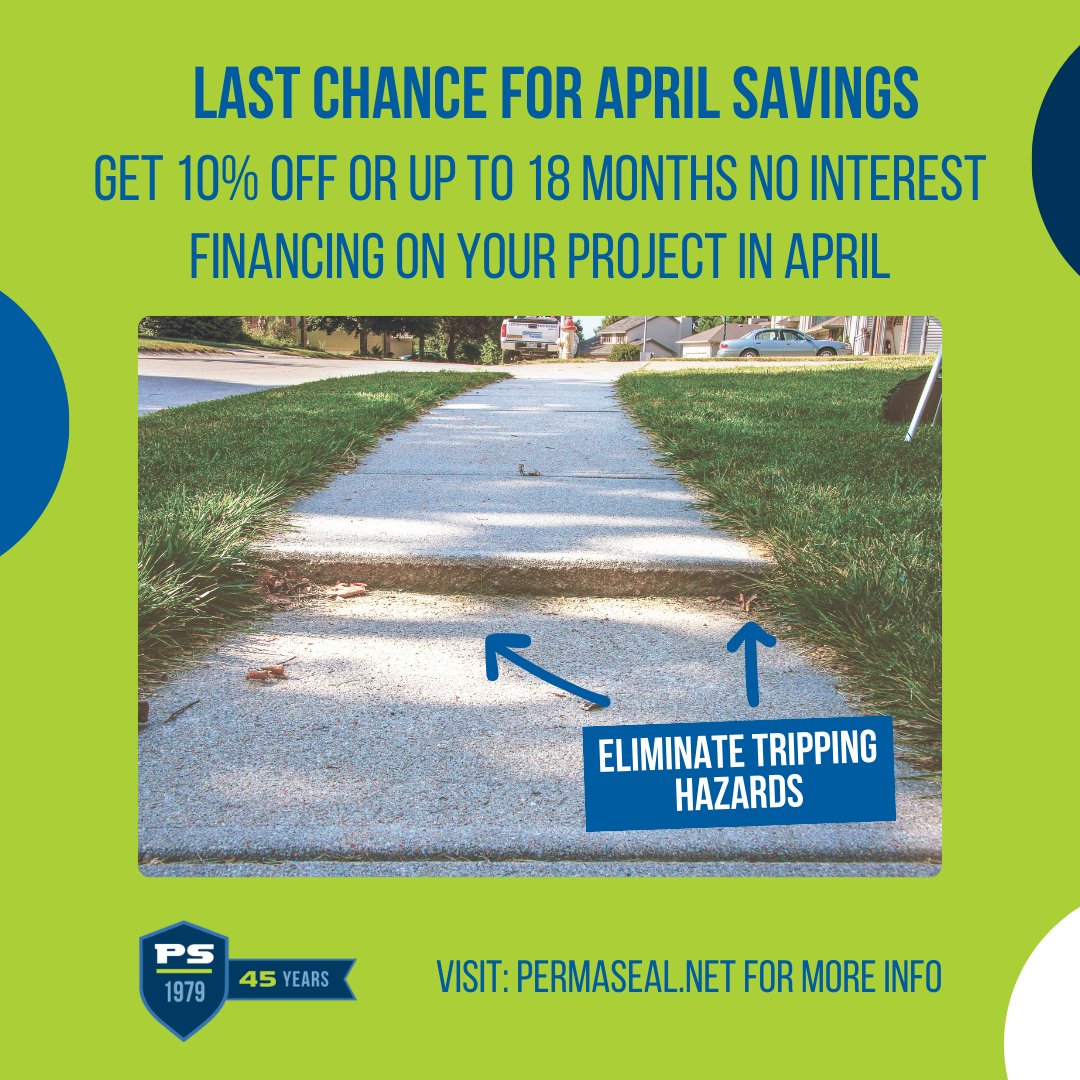 Don’t wait until tomorrow! Book your appointment in April to lock in savings on all of your home projects.

#ConcreteLeveling #TrippingHazard #PolyJacking #HomeImprovement #GoPermaSeal #Chicago #Chicagoland